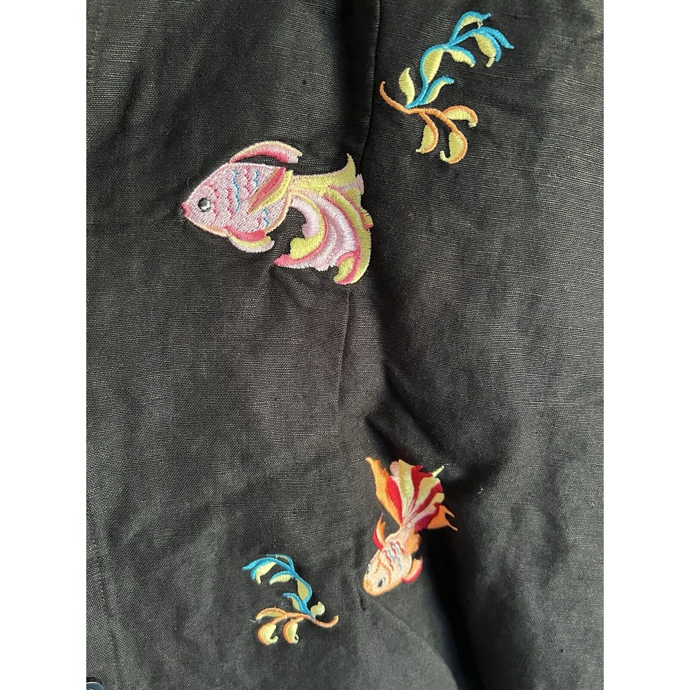 Sarah Spencer Black Linen Blouse Women's 16 Embroidered Artsy Goldfish Colorful - Picture 13 of 16